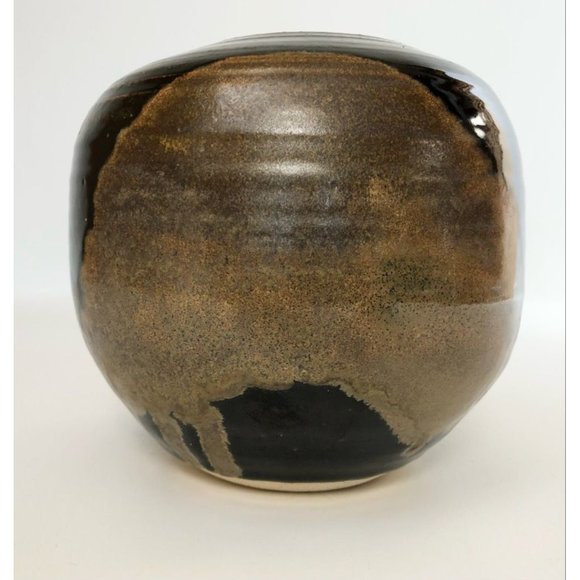 Nancy Valk Studio Pottery Vase Round Brown Vintage Signed Glazed Stoneware - Picture 4 of 10